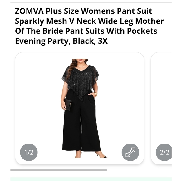 ZOMVA - 3X Black Sparkly Mesh V Neck Wide Leg Mother of The Bride Pantsuit - Picture 2 of 11